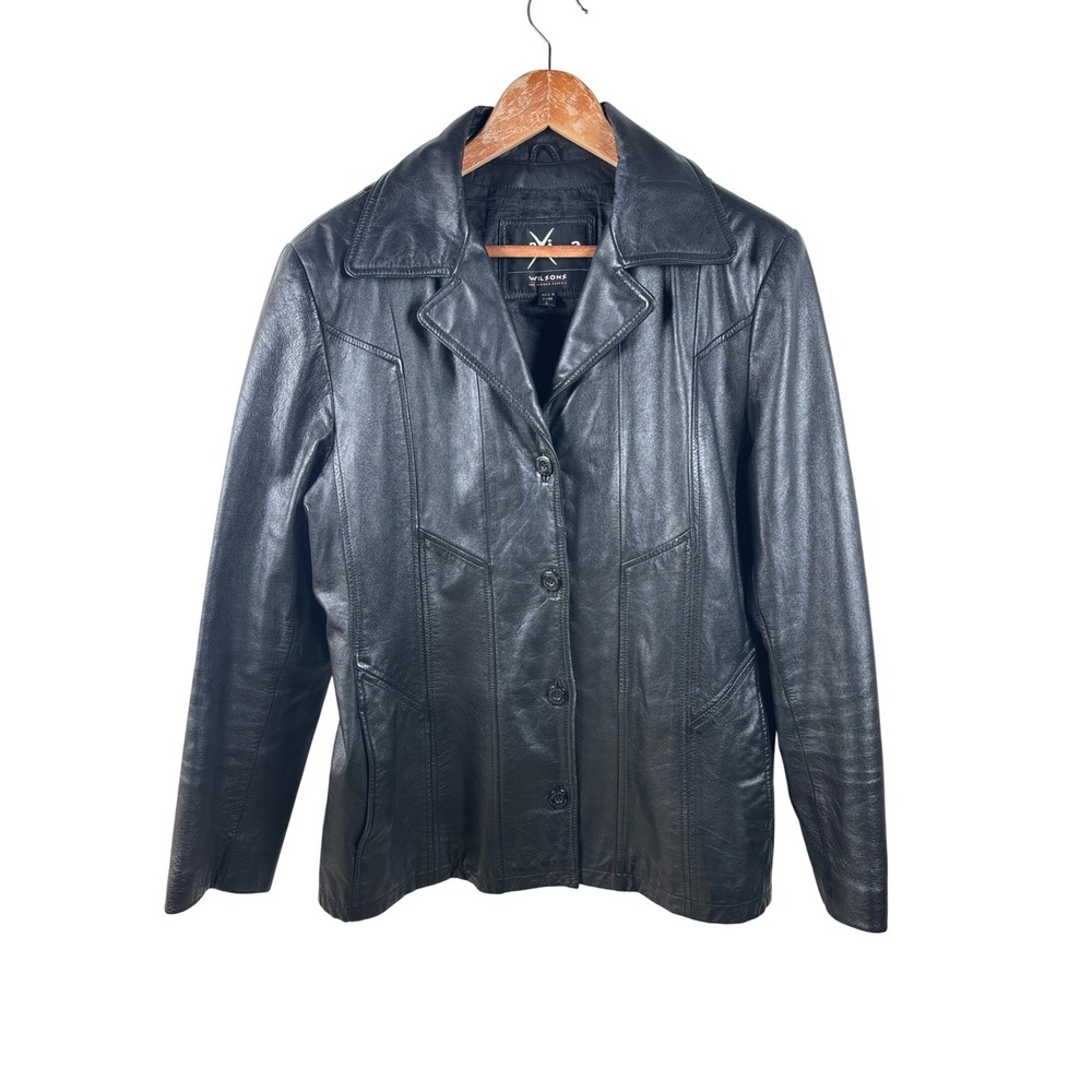 Wilsons Leather Maxima Womens Large Black Genuine‎ Leather Buttons Jacket Coat